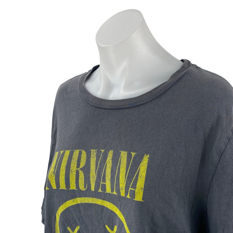Long Gone Nirvana Smiley Gray Graphic Crew Neck Short Sleeve Tee T-shirt Top M