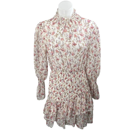 Princess Polly White Pink Floral Long Balloon Sleeve Tiered Mini A Line Dress 6
