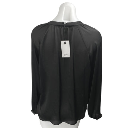 NEW Rose + Olive Black Deep V-Neck Tie Front Long Sleeve Sheer Blouse Top Size M