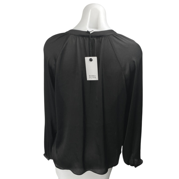 NEW Rose + Olive Black Deep V-Neck Tie Front Long Sleeve Sheer Blouse Top Size M
