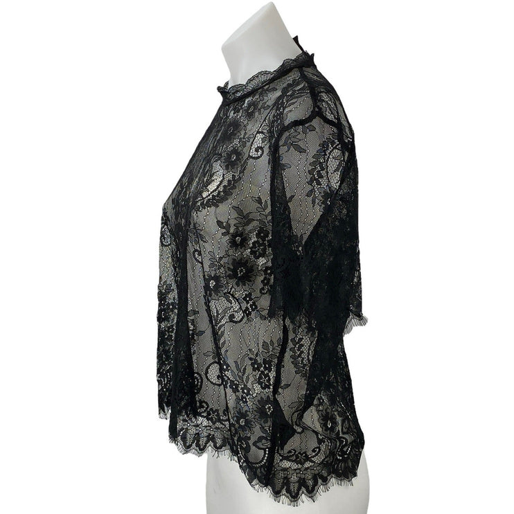 H&M Divided Black Floral Paisley Sheer Short Sleeve Lace Fringe Blouse Top Sz 8