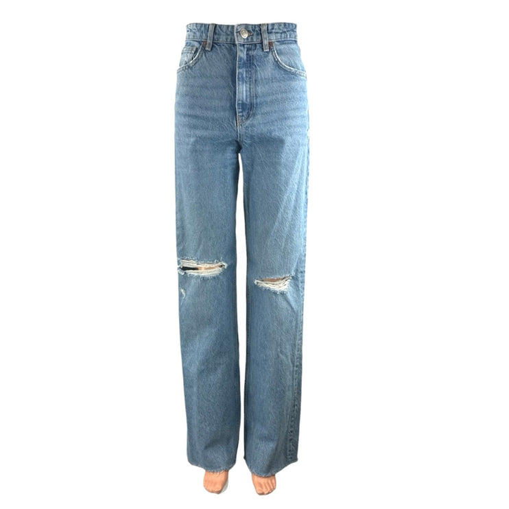 Zara Womens Blue Ripped Distressed Straight Palazzo Wide Leg Denim Jeans Pants 2