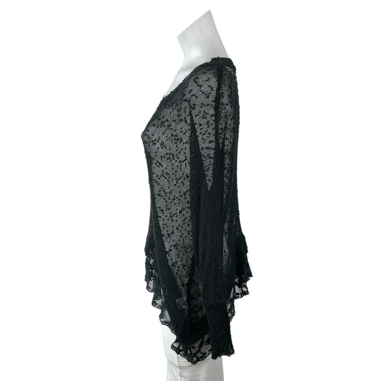 Millau Black Sheer Mesh Lace Long Sleeve Tee T-Shirt Tunic Blouse Sweater Top M