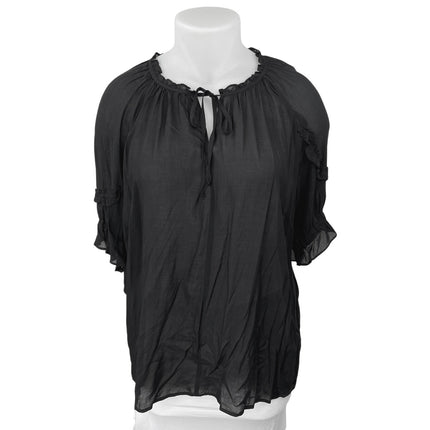 DR2 Women's Black Short Sleeve Ruffle Tie Neck Peasant Sheer Blouse Top Size 2X