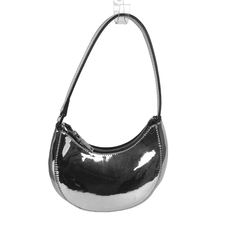 MNG Silver Metallic Faux Leather Zip Party Chic Rave Curve Oval Short Handle Bag