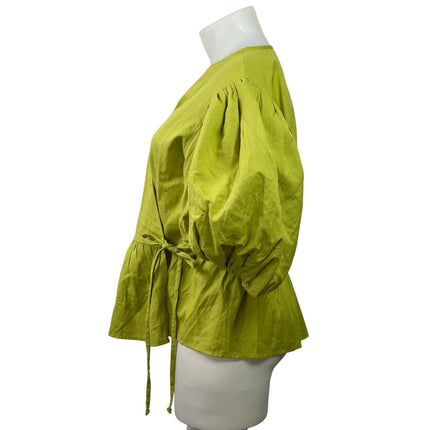 Boohoo Women's Green Short Balloon Sleeve V Neck Peplum Wrap Blouse Top Size 16