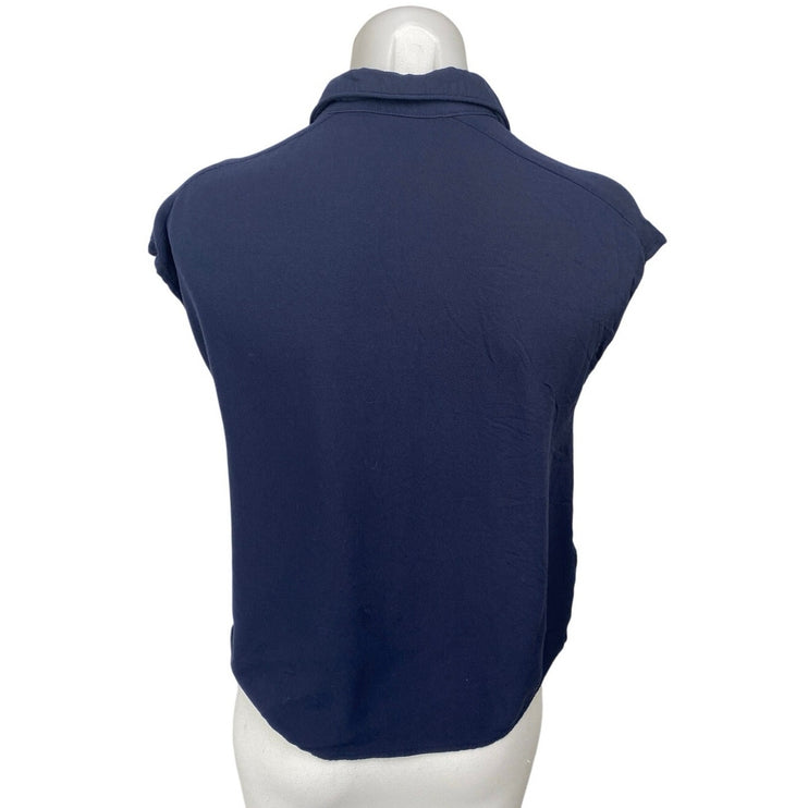 MNG Mango Women's Navy Blue Short Cap Sleeve V Neck Button Up Shirt Top Size 4