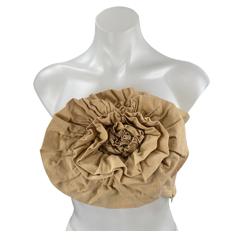 Zara Tan Linen Textured 3D Flower Floral Strapless Bandeau Tube Crop Top Size XS