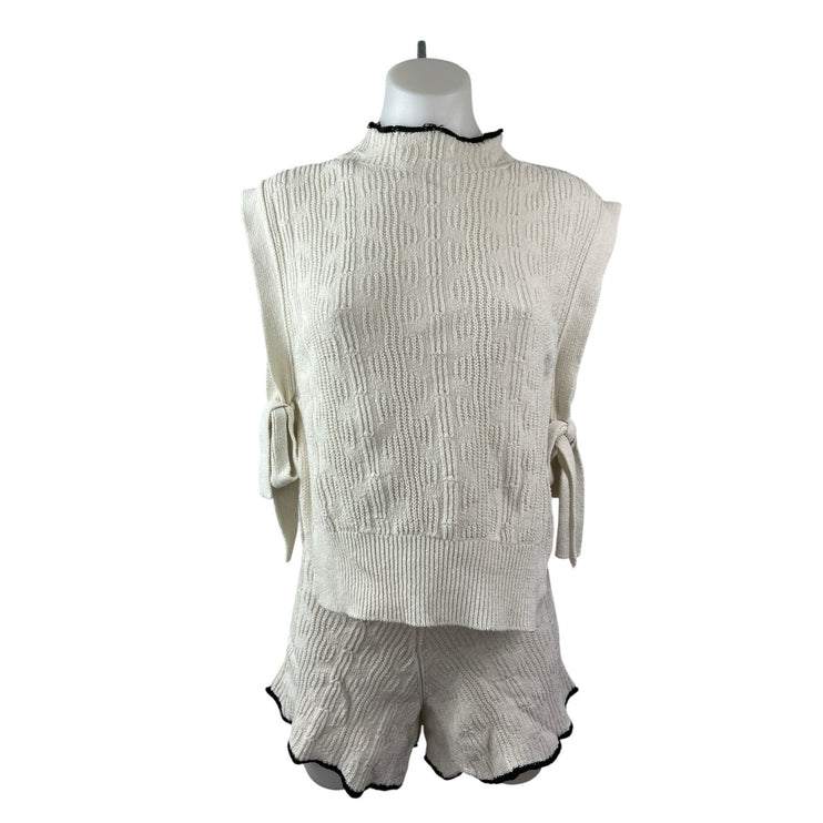 Alohas Women's Beige Knit Sleeveless Mock Neck Tie Shorts 2 Piece Set Size S/XS