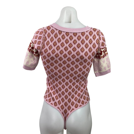 Free People Snow Bunny Pink Short Sleeve Square Neck Knit Bodysuit Top Size XS