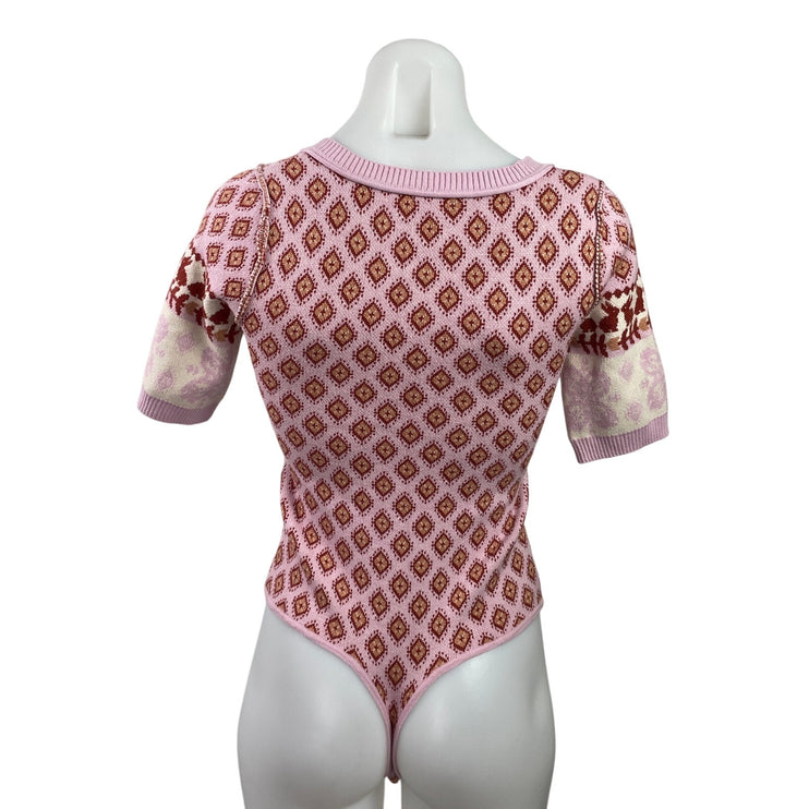 Free People Snow Bunny Pink Short Sleeve Square Neck Knit Bodysuit Top Size XS