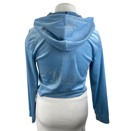 NEW Juicy Couture Women's Blue Velvet Velour Y2k Hoodie Crop Sweatshirt Top XL
