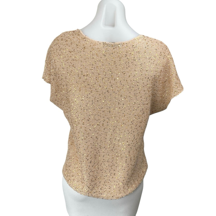 Reserved Women's Tan Sequin Knit Short Sleeve Deep V-Neck Sweater Top Size M