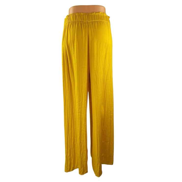 Zara Women's Yellow High Rise Pull On Pleated Wide Leg Trousers Pants Size L