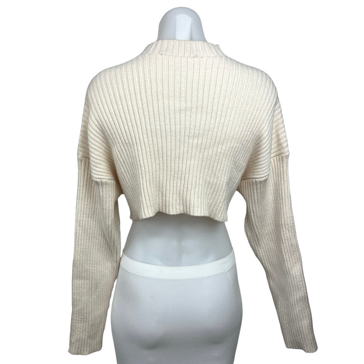 Zara Cream Ribbed Knit Mock Neck Drop Shoulder Cropped Sweater Top Size S