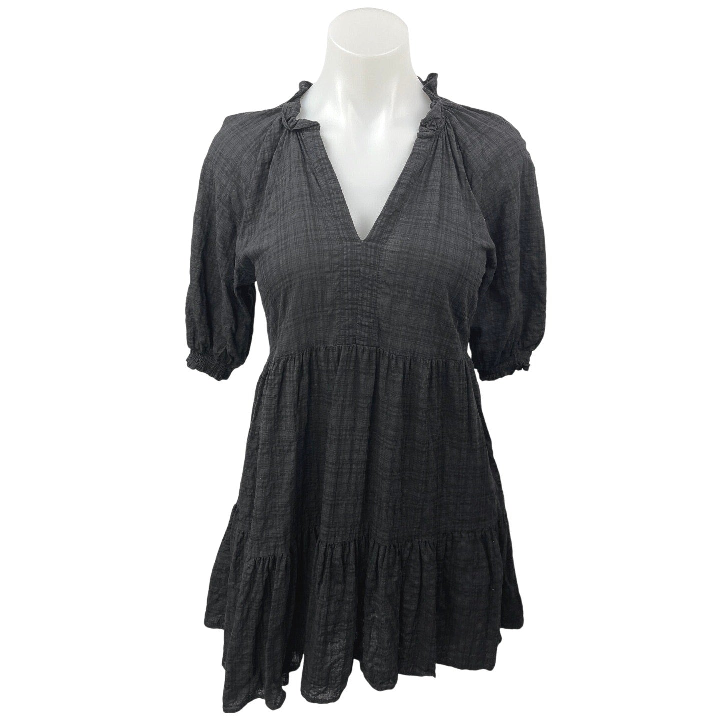 BB Dakota Steve Madden Hustle and Glow Black Plaid V-neck Tiered Mini Brie BB Dakota Steve Madden Hustle and Glow Black Plaid V-neck Tiered Mini Brie