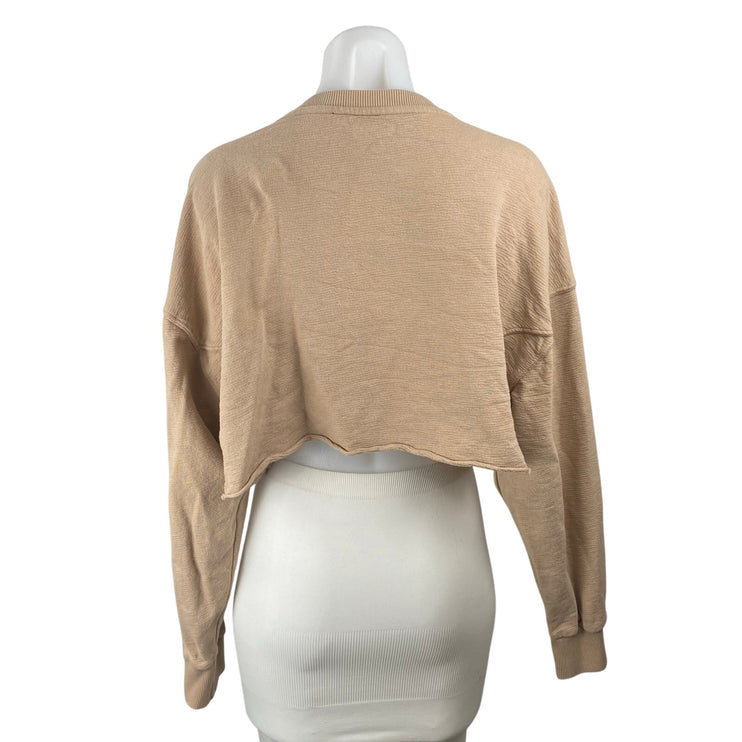 Mono B Women's Tan Crew Neck Knit Long Sleeve Cropped Sweatshirt Top Size M