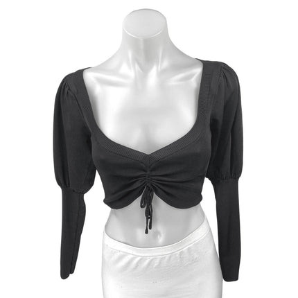 Zara Women's Black Long Balloon Puff Sleeve Ruched Tie Cropped Blouse Top Size S