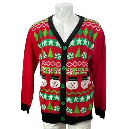 Men's Red Black Long Sleeves Knit Christmas Holiday Cardigan Sweater Top L/XL