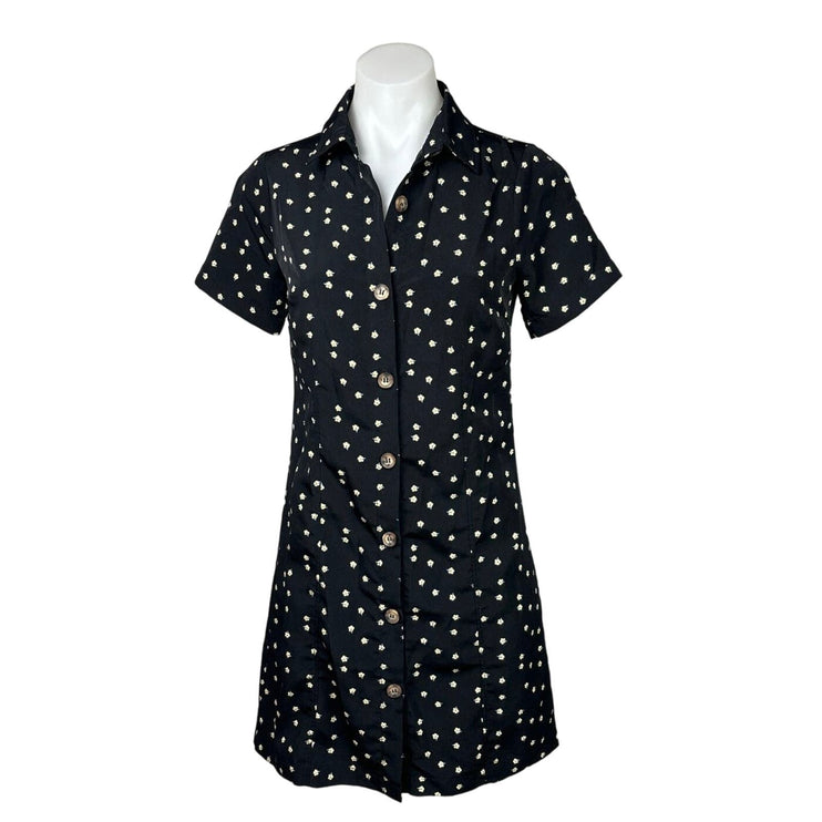 Nordstrom BP Black Daisy Floral Print Collar Button Down Shirt Dress Size XXS