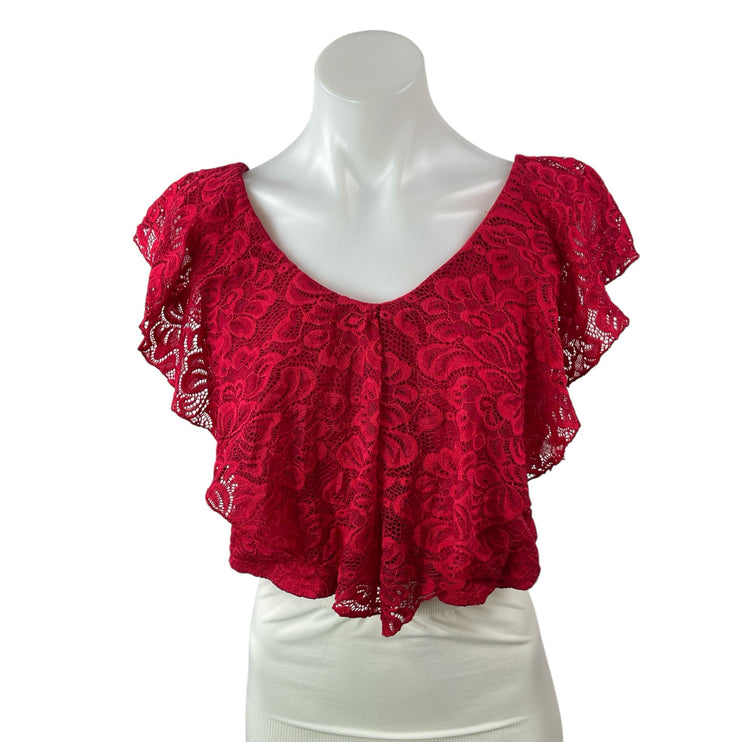 Charlotte Russe Red Floral Lace Ruffle Scoop Neck Boho Blouse Crop Top Size XL