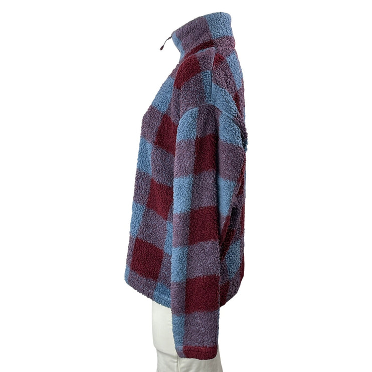 Eddie Bauer Women's Red Blue Check Gingham Plaid 1/4 Fleece Sweater Top Size M