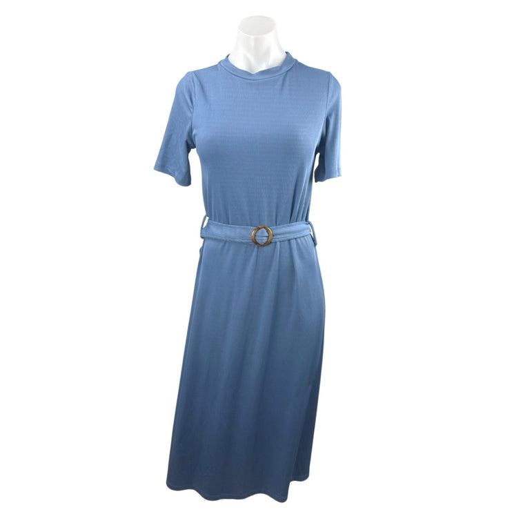 Cider Women's Blue Ribbed Knit Belted Short Sleeve Midi Flare A-Line Dress Sz XS