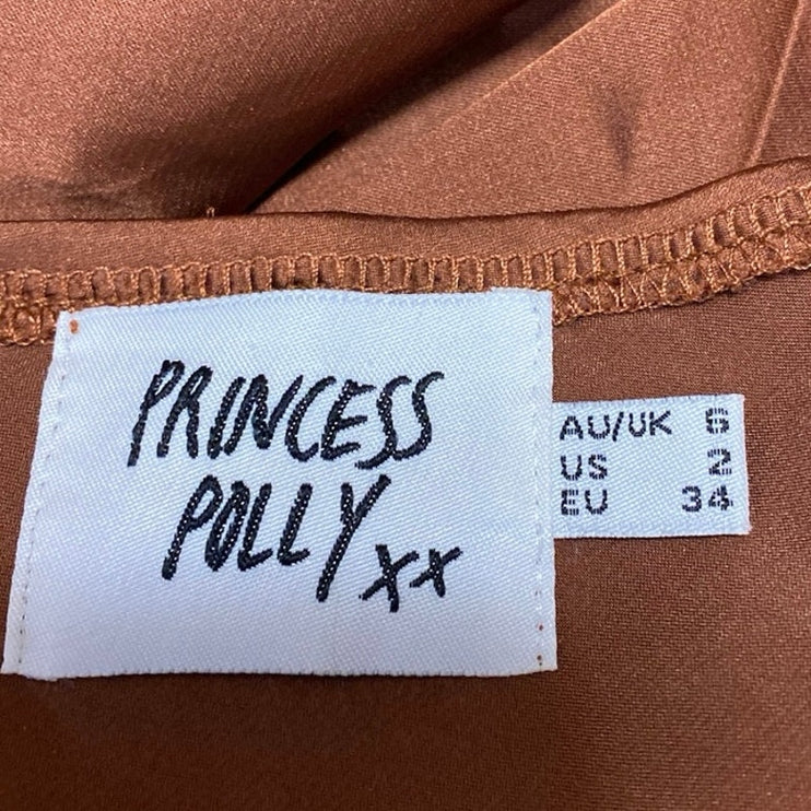 Princess Polly Jones Brown Silk Satin Ruched Slim Side Zip Maxi A-Line Skirt 2