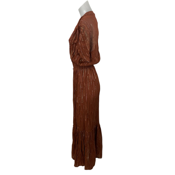 Dante6 Freya Brown Half Sleeve V Neck Lurex Stiped Button A Line Maxi Dress Sz 1