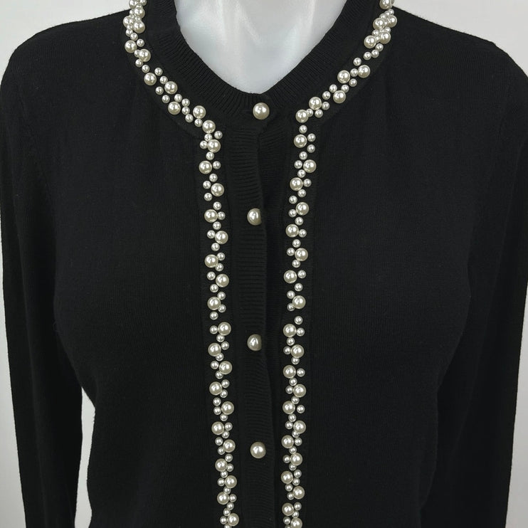 Zara Black Pearl Beaded Embellished Button Knit Cardigan Sweater Top Size M