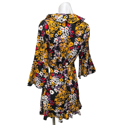 NEW Outrageous Fortune Multicolor Floral V-neck Bell Sleeve Mini Wrap Dress 2