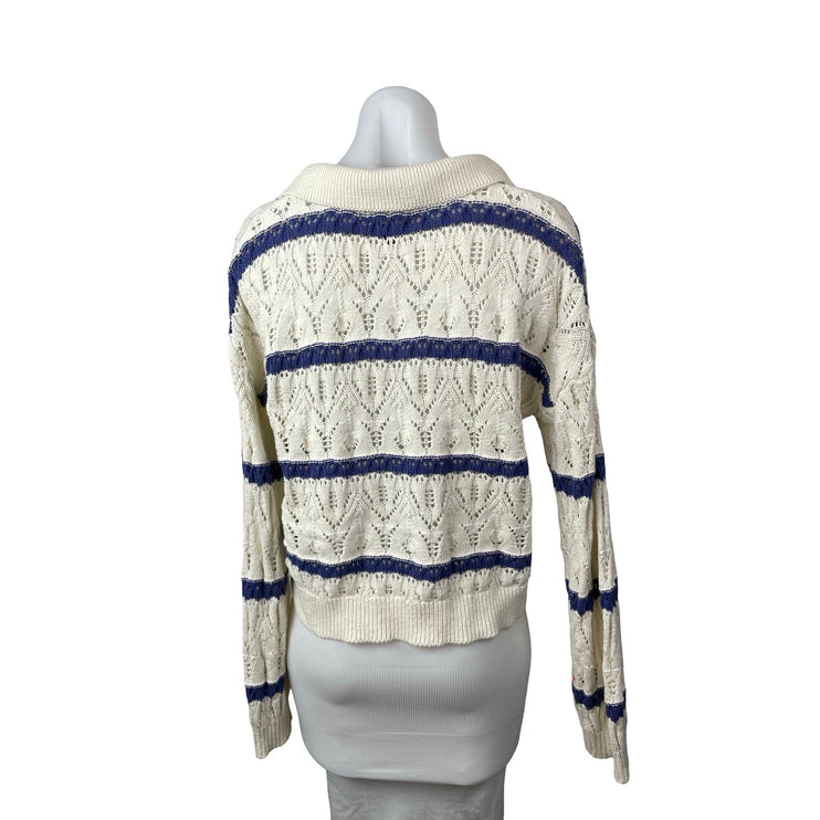 Universal Thread Cream Blue Knit Striped V Neck Long Sleeve Polo Sweater Top S