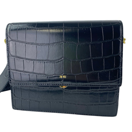 JW Pei Women's Black Faux Leather Vegan Croc Mini Flap Crossbody Handbag OS
