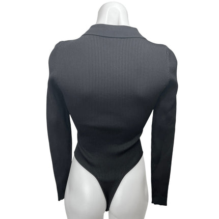 SER.O.YA Black Ribbed Button Up Collar Long Sleeve Polo Sweater Bodysuit Top XS
