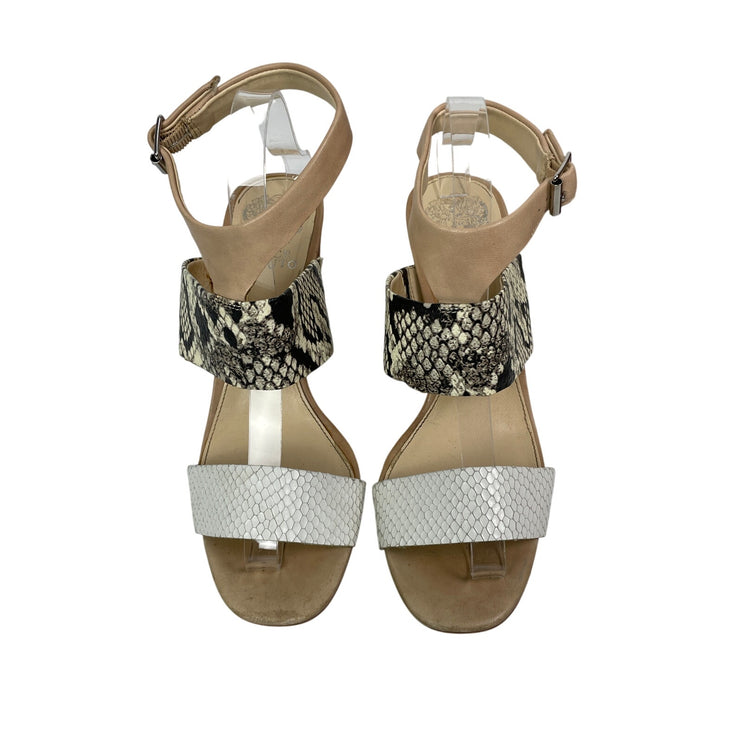 Vince Camuto Warma Snakeskin Print Band Open Toe T Strap Block Heels Sandals 8.5