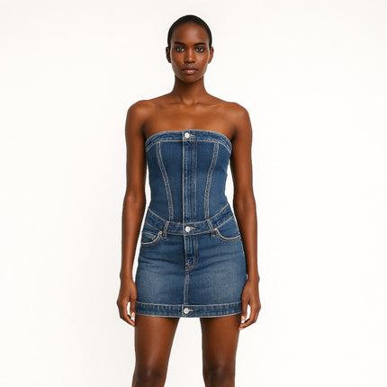 Zara Blue Strapless Tube Bandeau Denim Jeans Crop Top Mini Skirt 2 Pc Set Size S