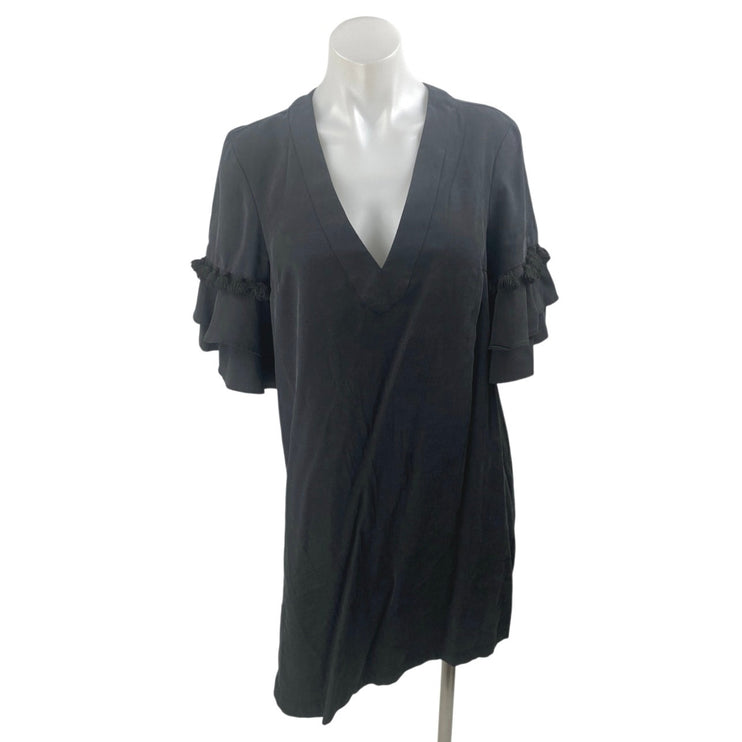 BCBGeneration Black Short Sleeve Tassel Deep V Neck Mini Shift Dress Size S
