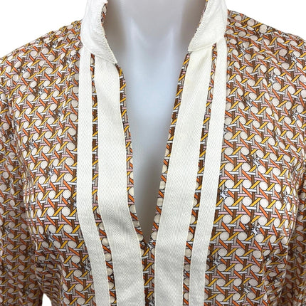 Tory Burch Multi Geometric Basket Weave Print Voile Tassel V-Neck Tunic Top XS