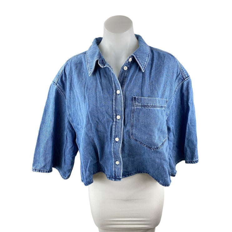 COS Blue Oversized Collared Half Sleeve Button Up Crop Denim Shirt Blouse Top 14