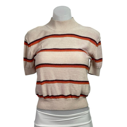 Free People Womens Beige Linen Striped Mock Neck Short Sleeve Sweater Top Size S