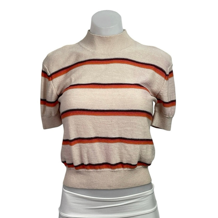 Free People Womens Beige Linen Striped Mock Neck Short Sleeve Sweater Top Size S