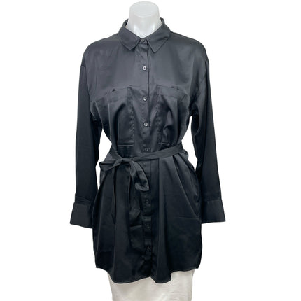 Abercrombie & Fitch Black Satin Long Sleeve Belted Button Down Shirt Dress Sz S