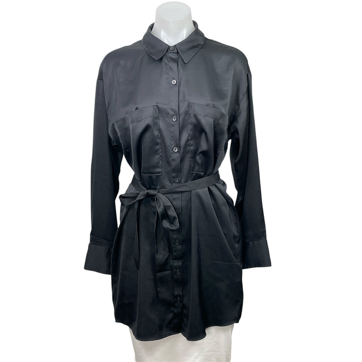 Abercrombie & Fitch Black Satin Long Sleeve Belted Button Down Shirt Dress Sz S