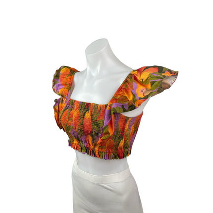 Farm Rio Coral Pears Short Ruffle Sleeve Square Neck Blouse Crop Top Size XSP