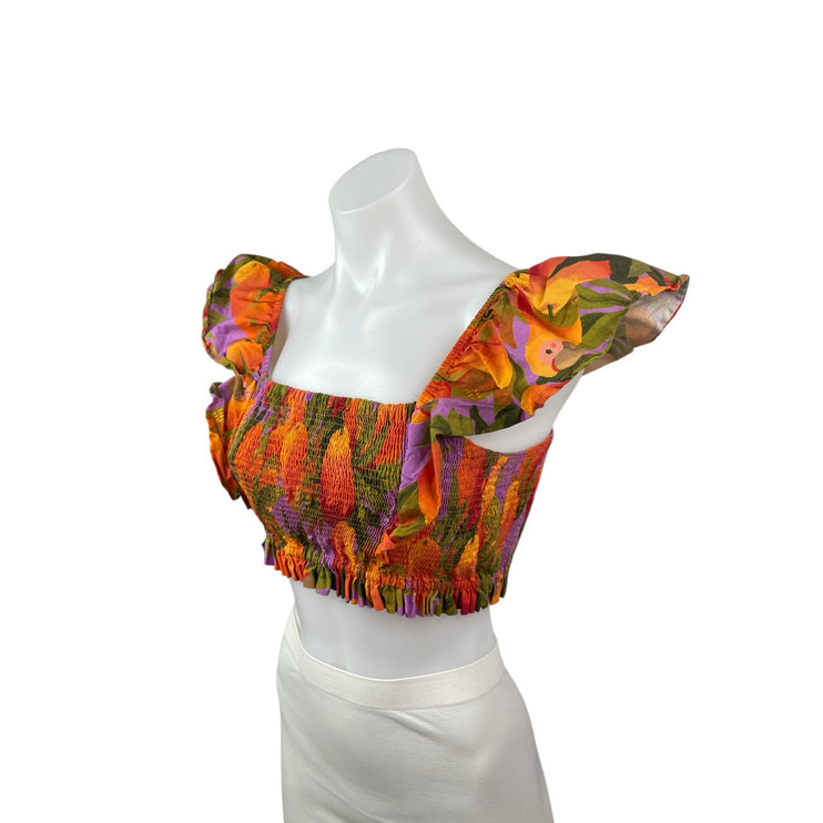 Farm Rio Coral Pears Short Ruffle Sleeve Square Neck Blouse Crop Top Size XSP