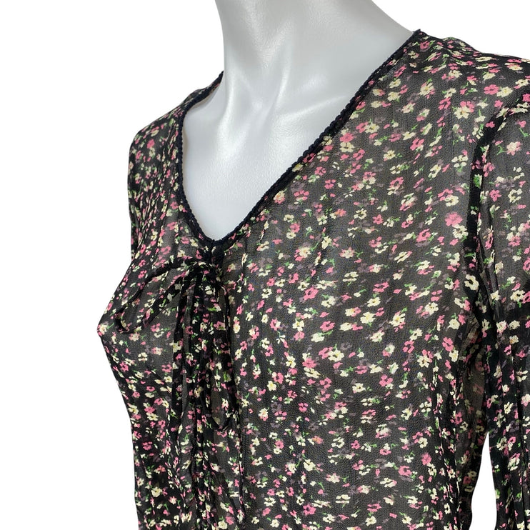 Allsaints Women's Black Floral Mesh Sheer Long Sleeve Tie Blouse Top Size M