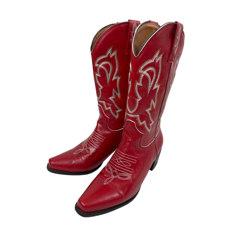 Womens Red Faux Leather Classic Embroidered Mid Calf Western Cowgirl Boots 6.5