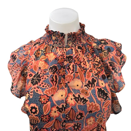 Elie Tahari Orange Blue Floral Dots Turtleneck Smocked Ruffle Blouse Top Size XS