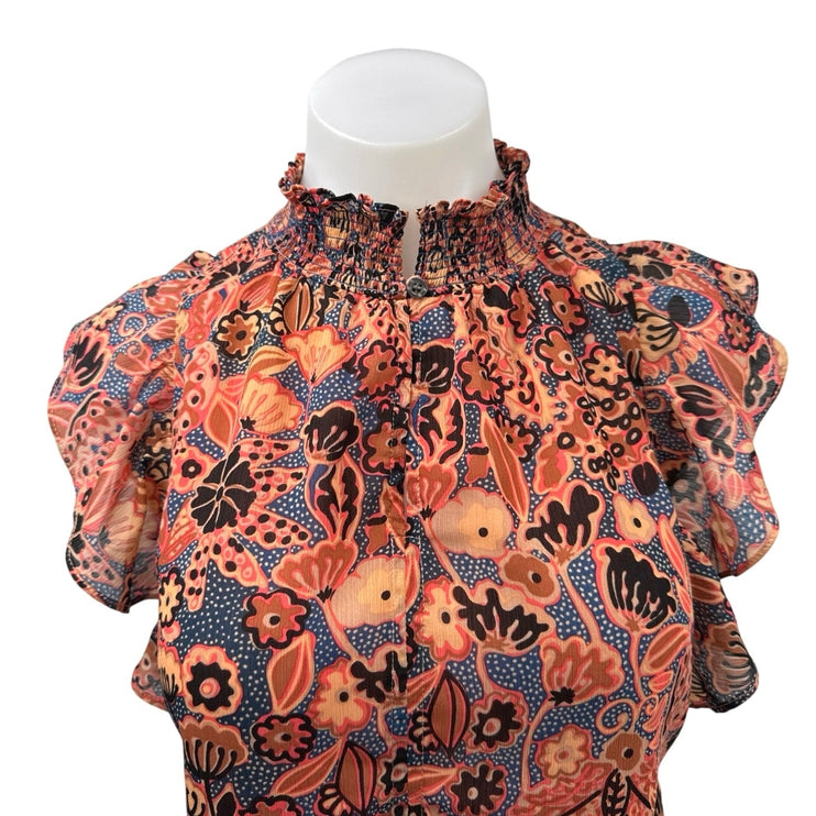Elie Tahari Orange Blue Floral Dots Turtleneck Smocked Ruffle Blouse Top Size XS