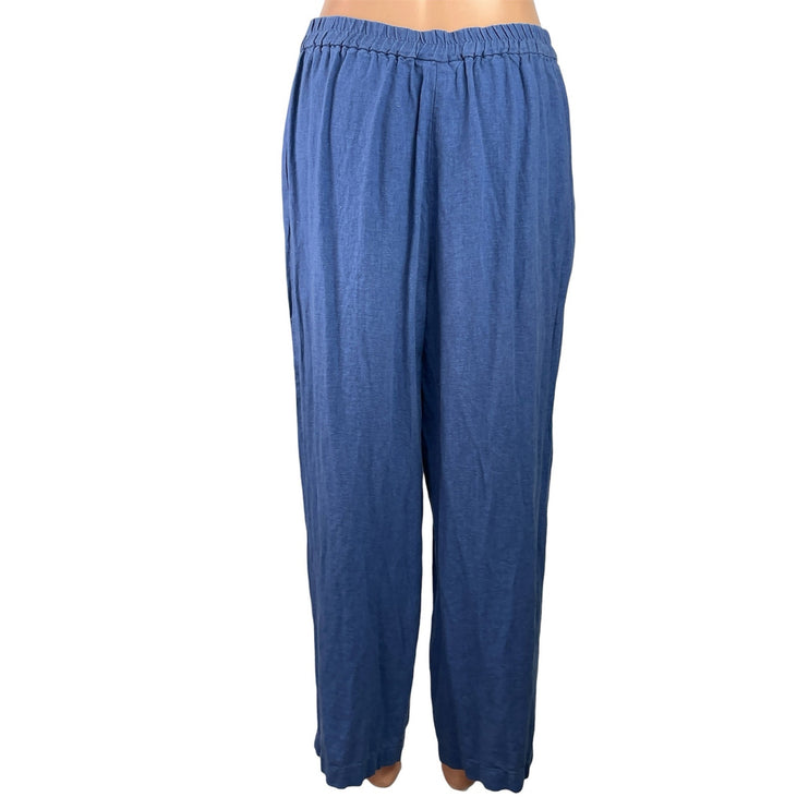 Talbots Blue Linen Blend Elastic Waist Straight Wide Leg Trousers Pants Size 12